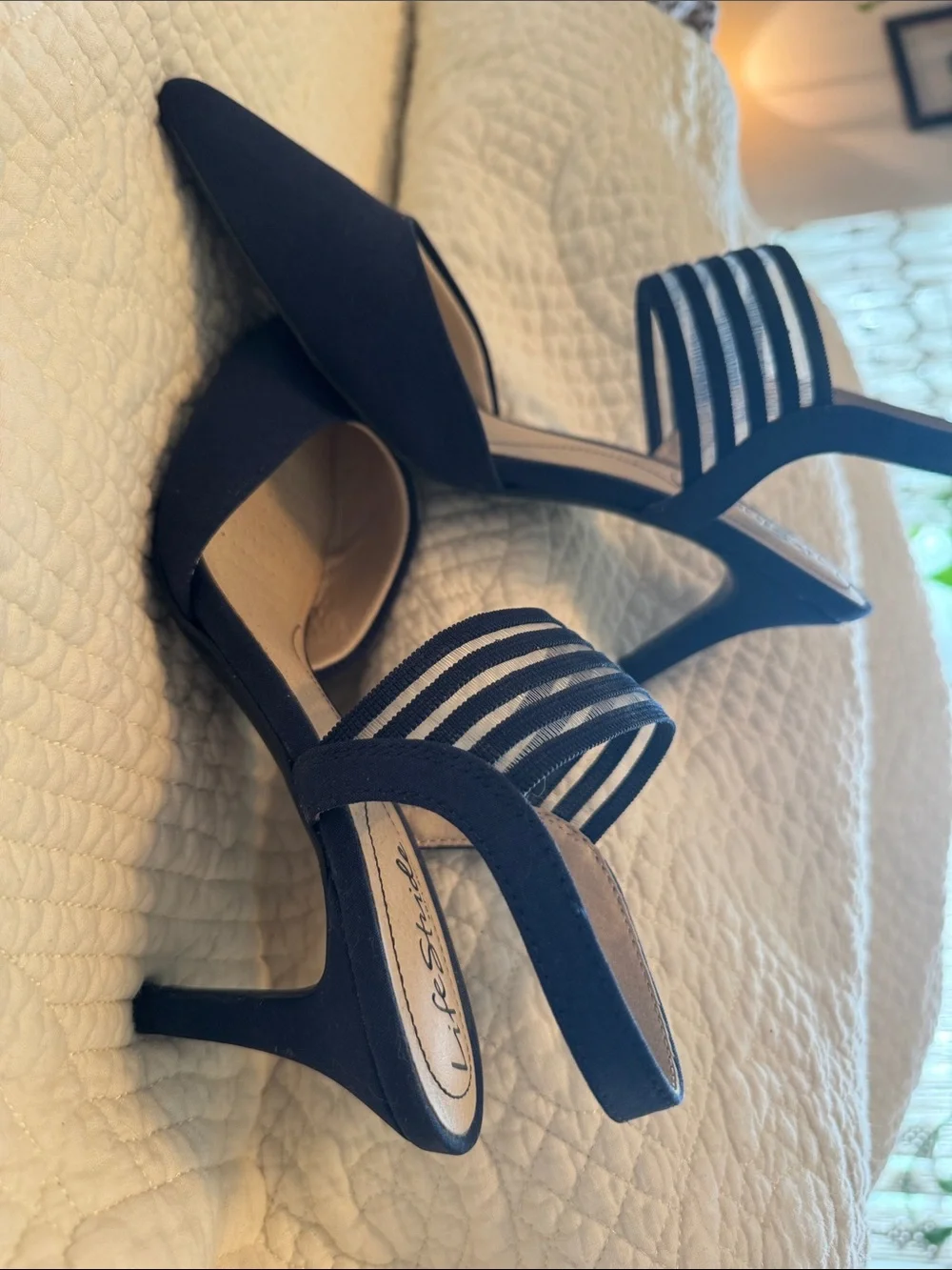 Life Stride Navy Pointed Slingback Pumps with Strappy Ankle